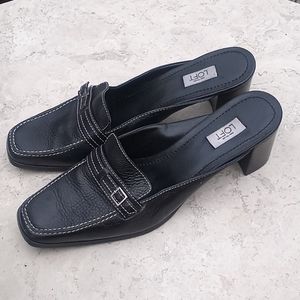 Ann Taylor - Loft - Genuine Leather Stacked Block Heel Mules w Thin Buckle Strap